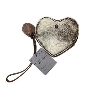 Lauren Conrad Rose Gold Heart Wristlet Pom Pom Keychain Wallet Purse Evening Bag